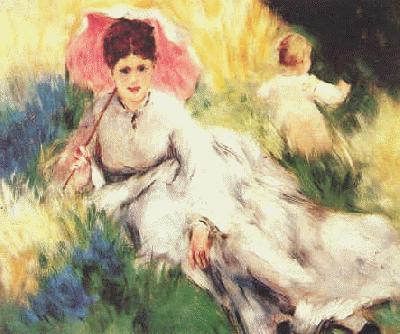Pierre Renoir Woman with a Parasol and a Small Child on a Sunlit Hillside Sweden oil painting art